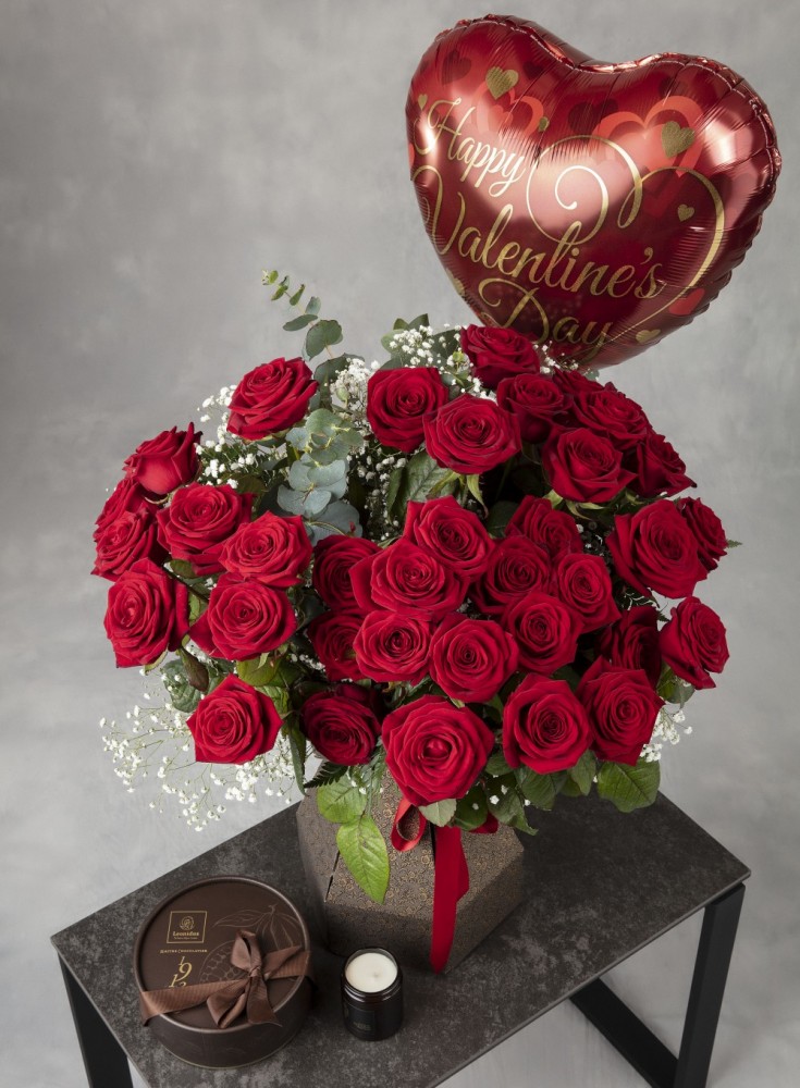 Valentine 36 Long Stem Red Rose Bouquet, Balloon, Leonidas Chocolates and Mookie & Boo Candle