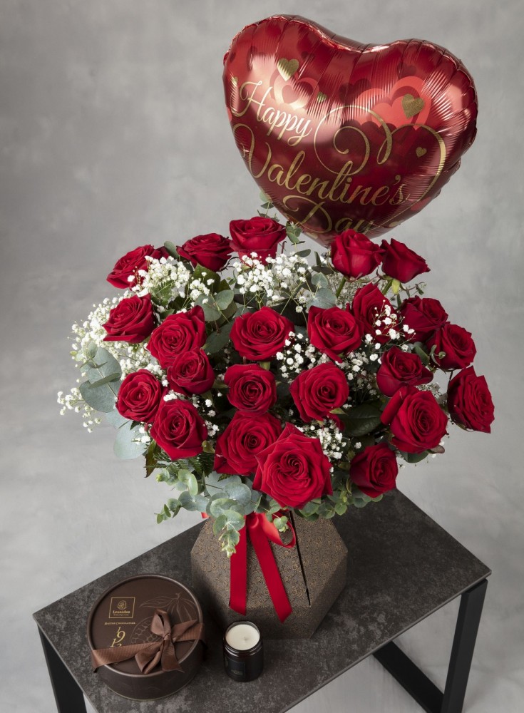 Valentine 24 Long Stem Red Rose Bouquet, Balloon, Leonidas Chocolates and Mookie & Boo Candle