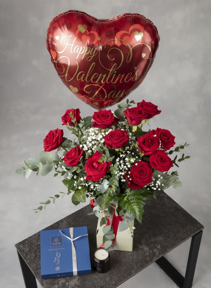 Valentine 12 Long Stem Red Rose Bouquet, Balloon, Leonidas Chocolates and Herb Dublin Candle