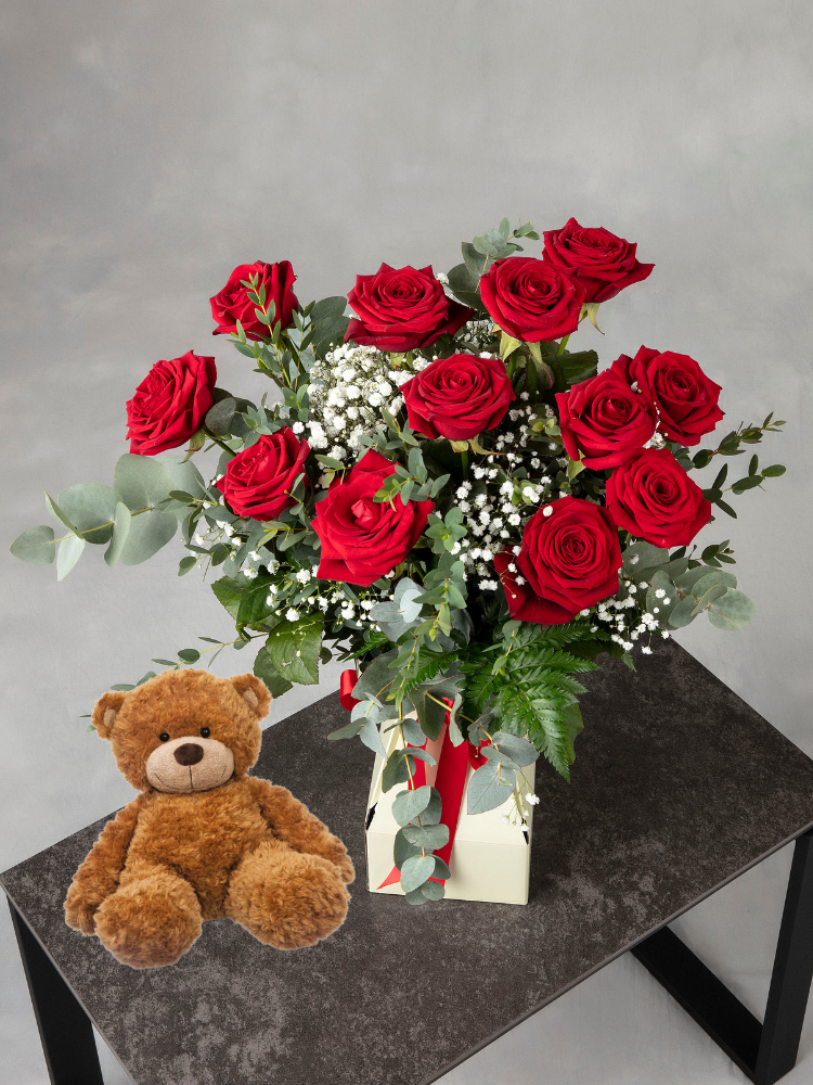 12 Red Roses Bouquet and Teddy Bear