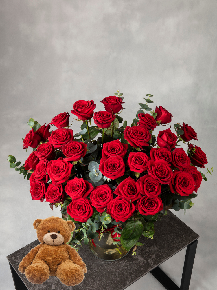 Valentine 36 Red Roses Bouquet and Teddy Bear