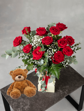 12 Red Roses Bouquet and Teddy Bear